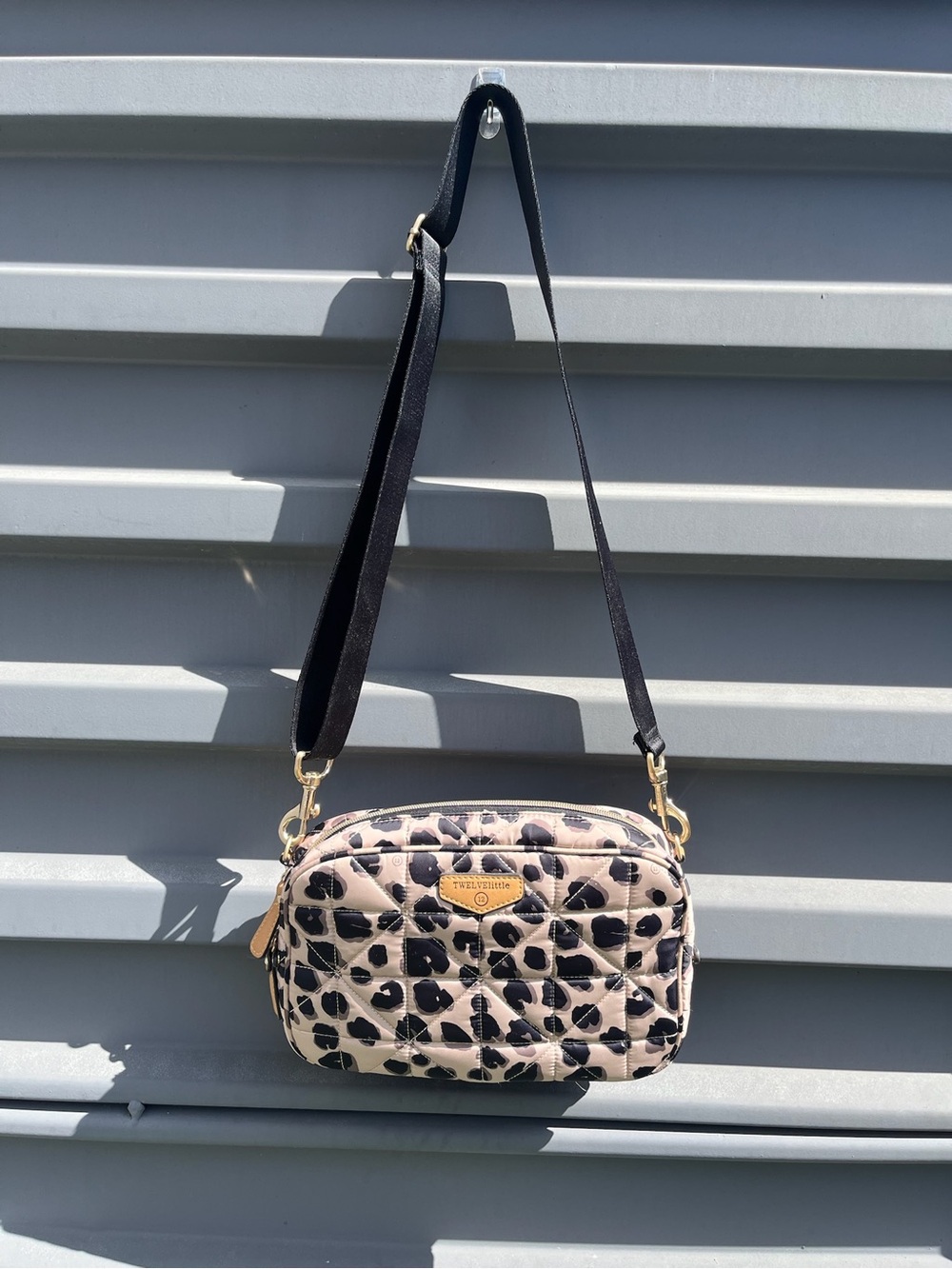 New without tagQuilted Beige Baby Bag with Black Leopard Print and Gold Hardware